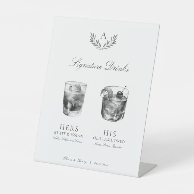 Elegante Monogram Signature Drinks Wedding Sockelschild (Vorderseite)