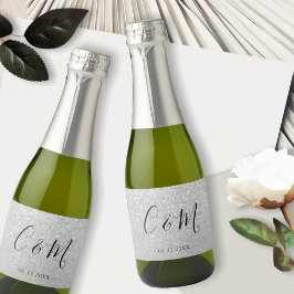 Elegante Monogram Silver Glitzer Wedding Wine Labe