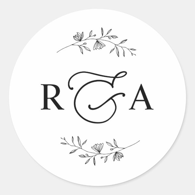 Elegante Monogram Simple Black and White Classic R Runder Aufkleber (Vorderseite)