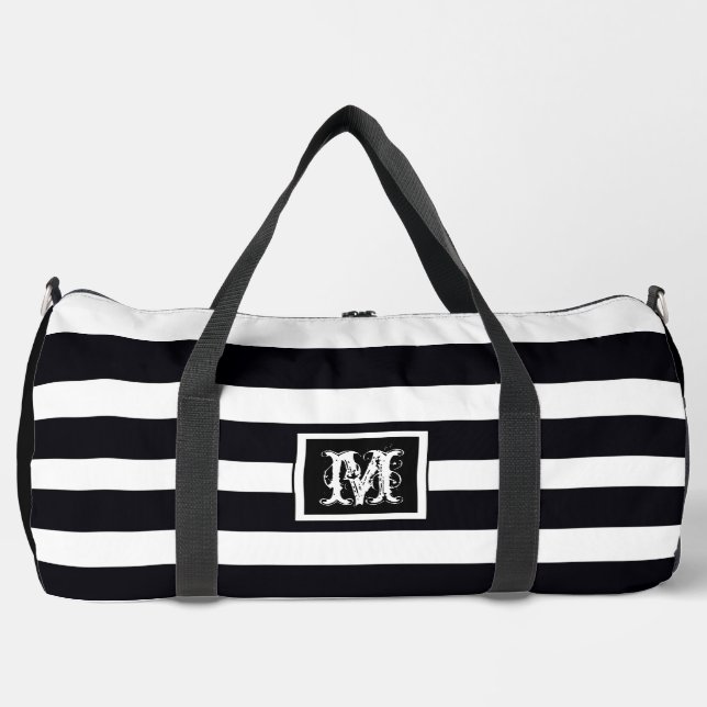 Elegante Monogram Simple Chic B & W Striping Duffle Bag (Vorderseite)