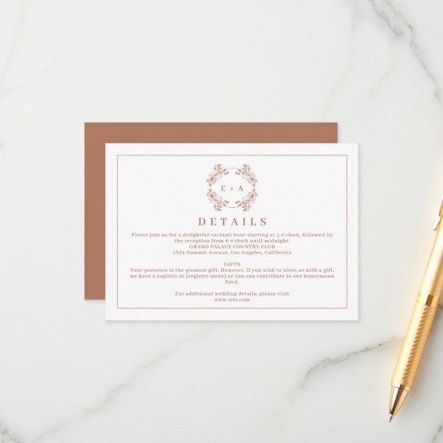 Elegante Monogram Terracota Hochzeitdetails Begleitkarte (Vorderseite/Rückseite Beispiel)