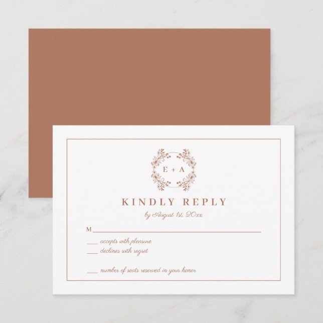 Elegante Monogram Terracota Wedding RSVP Card Begleitkarte (Vorne/Hinten)