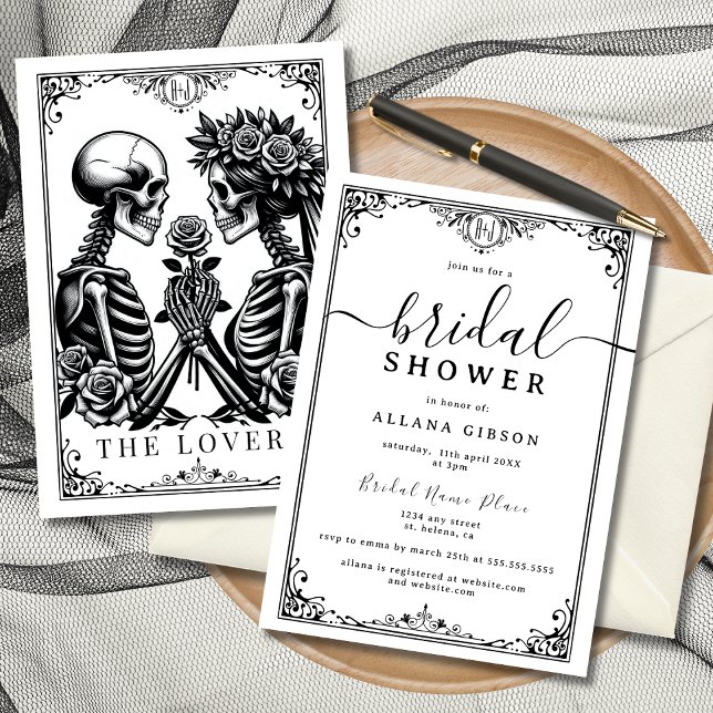 Elegante Monogram Till Death Do us Part Tarot Invi Einladung (Elegant tarot-inspired bridal shower invitations featuring skeleton lovers.)