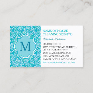 Elegante Monogram Turquoise Damask Housekeeping Visitenkarte