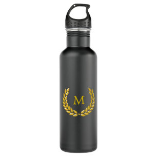 Elegante Monogram und Gold Laurel Wreath auf Black Edelstahlflasche