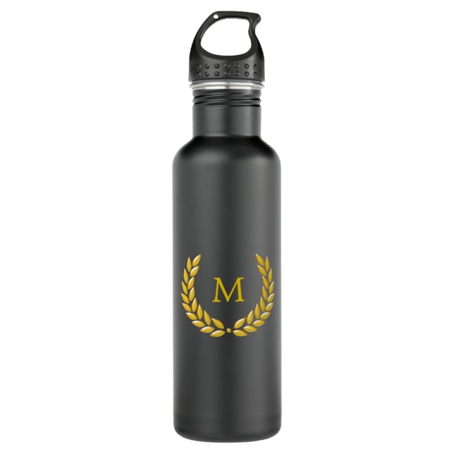 Elegante Monogram und Gold Laurel Wreath auf Black Edelstahlflasche (Vorderseite)