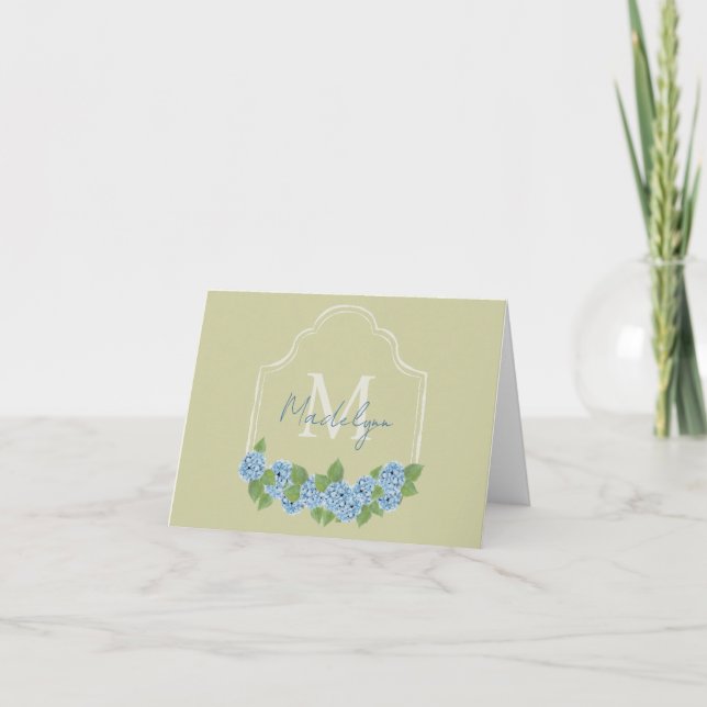 Elegante Monogram Wappen Blue Hydrangea Note Card Dankeskarte (Vorderseite)