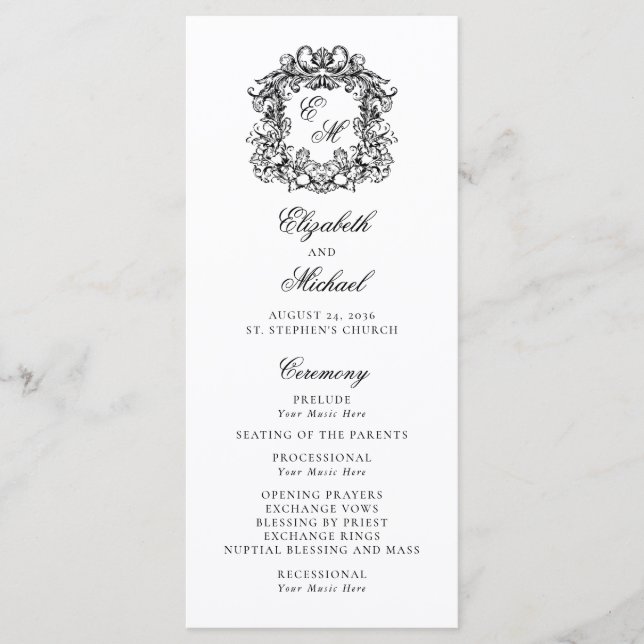 Elegante Monogram Wappen Wedding Programm (Vorderseite)