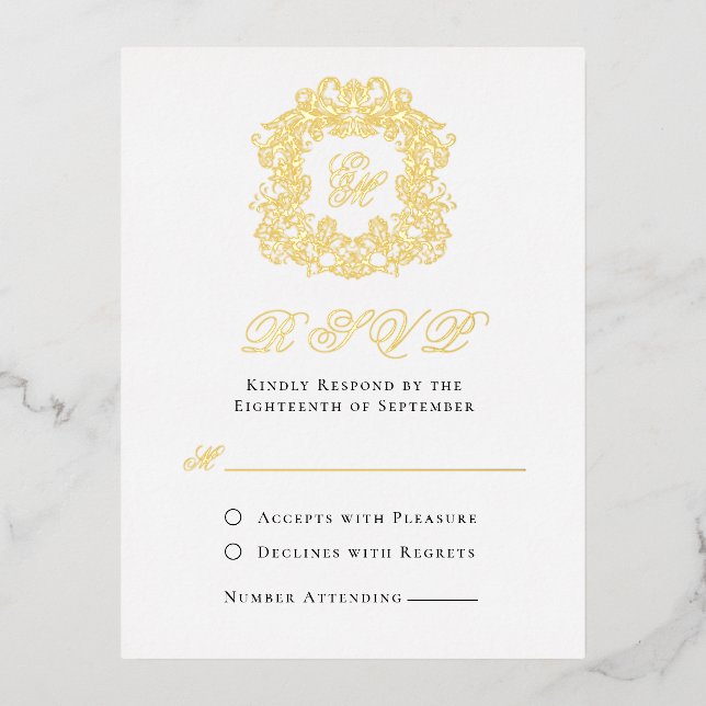 Elegante Monogram Wappen Wedding RSVP Gold Foil Ca Folie Einladungspostkarte (Vorderseite)