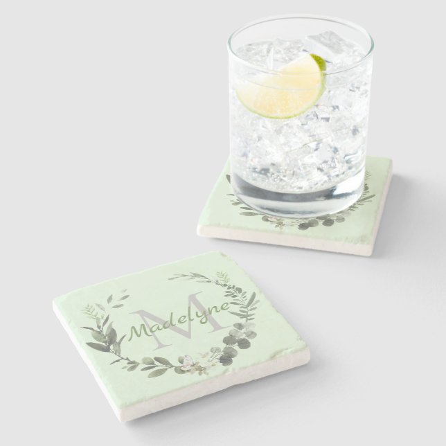 Elegante Monogram Wasserfarbe Botanischer Familien Steinuntersetzer (Seitenansicht)