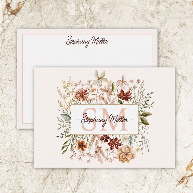 Elegante Monogram Watercolor Fall Wildblume Floral Mitteilungskarte (Front and Back)