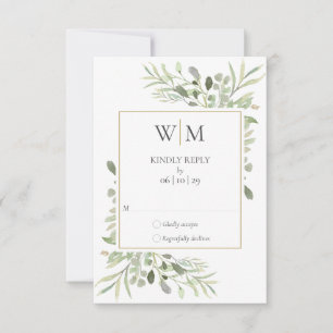 Elegante Monogram Watercolor Greenerity Wedding RSVP Karte