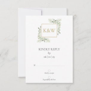 Elegante Monogram Watercolor Greenerity Wedding RSVP Karte