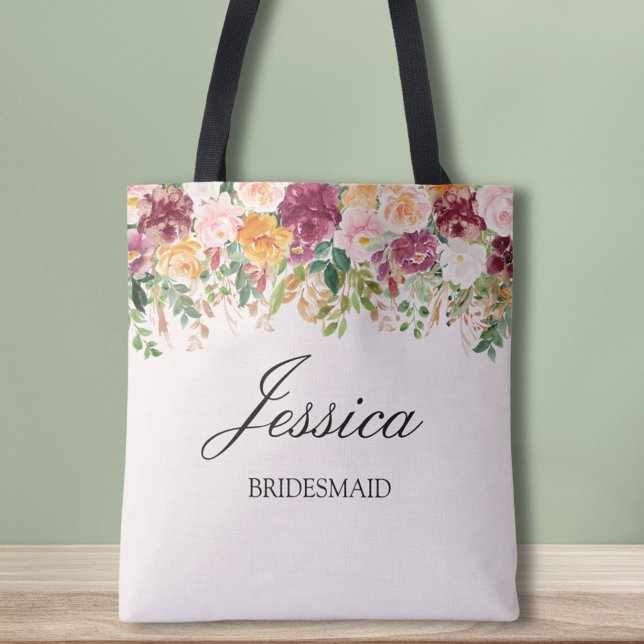 Elegante Monogram Watercolor Rose Garden Bridesmai (Close up)