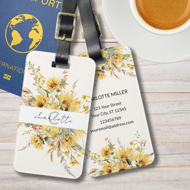 Elegante Monogram Watercolor Sonnenblume Bouquet Gepäckanhänger (In situ)