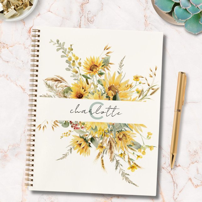 Elegante Monogram Watercolor Sonnenblume Bouquet Notizbuch (In situ)