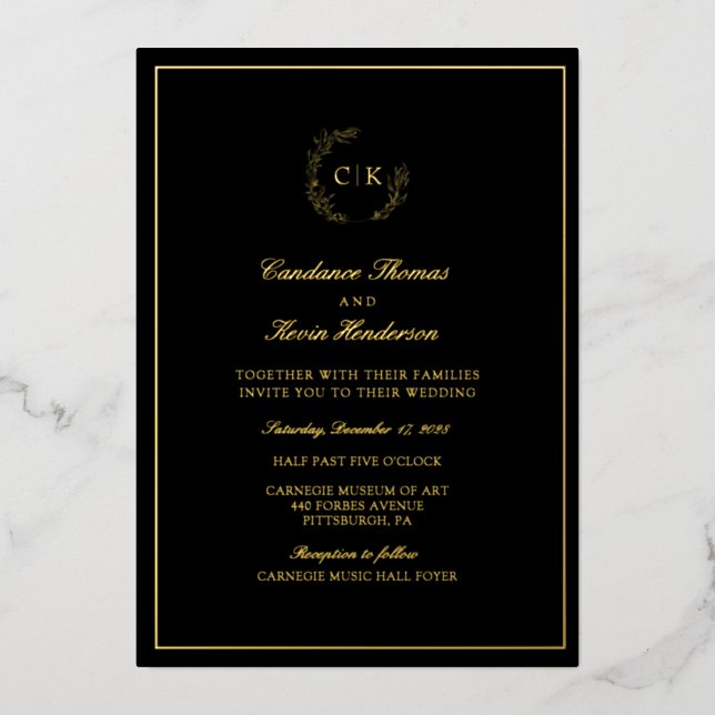 Elegante Monogram Wedding Foil Einladung (Vorderseite)