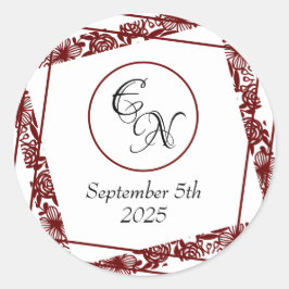 Elegante Monogram Wedding Maroon Round Stickers