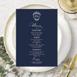 Elegante Monogram Wedding Menu Cards Navy Blue Menükarte<br><div class="desc">Eine schicke Kalligraphy Wedding Menu Card. I do offer a free customisation service,  if you have any anfragen or special requests,  please feel free to contact me.</div>