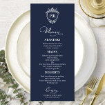 Elegante Monogram Wedding Menu Cards Navy Blue Menükarte<br><div class="desc">Eine schicke Kalligraphy Wedding Menu Card. I do offer a free customisation service,  if you have any anfragen or special requests,  please feel free to contact me.</div>