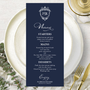 Elegante Monogram Wedding Menu Cards Navy Blue Menükarte