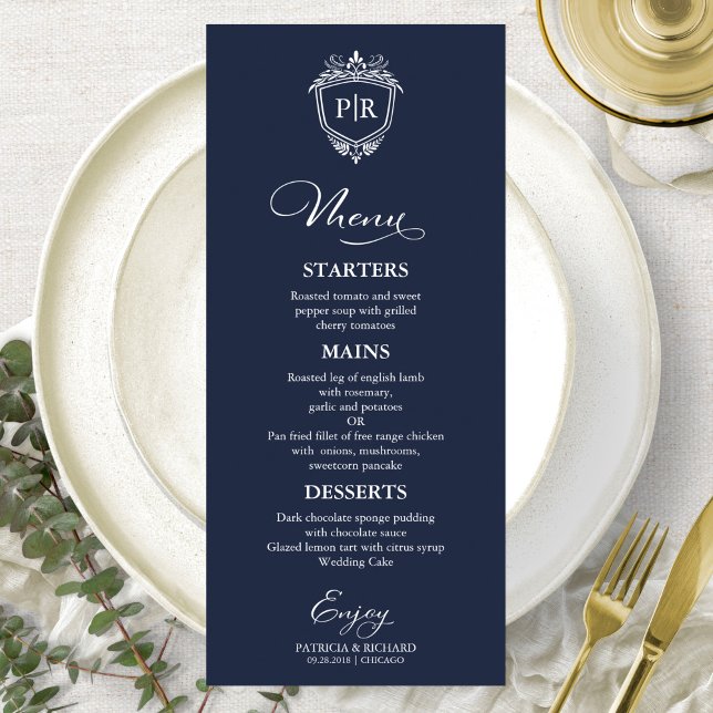 Elegante Monogram Wedding Menu Cards Navy Blue Menükarte (Von Creator hochgeladen)