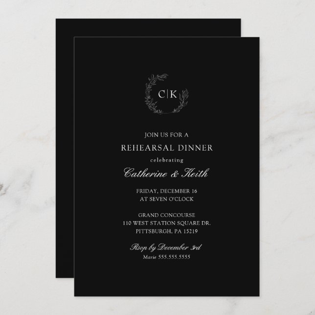 Elegante Monogram Wedding Probe Dinner Invitati Einladung (Vorne/Hinten)