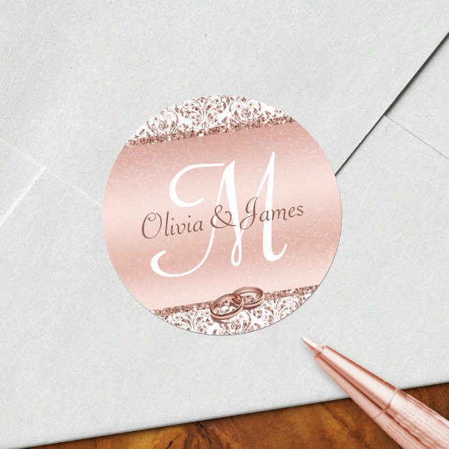 Elegante Monogram Wedding Rose Gold Runder Aufkleber (Von Creator hochgeladen)
