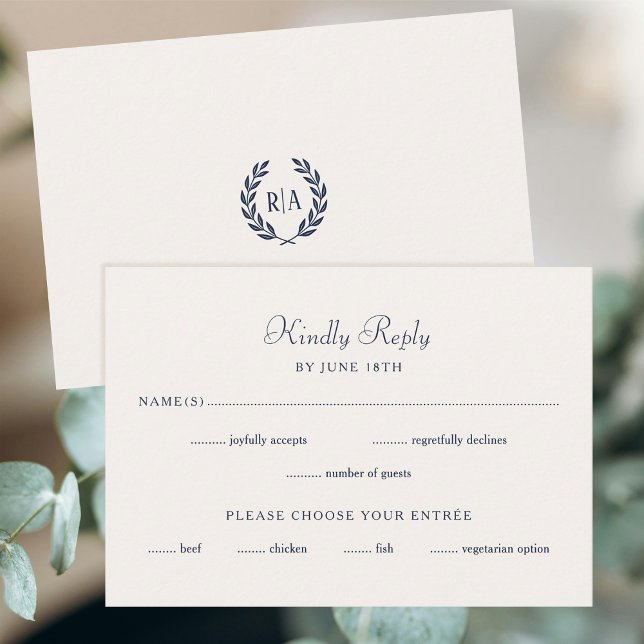 Elegante Monogram Wedding RSVP Card Navy Cream (Von Creator hochgeladen)