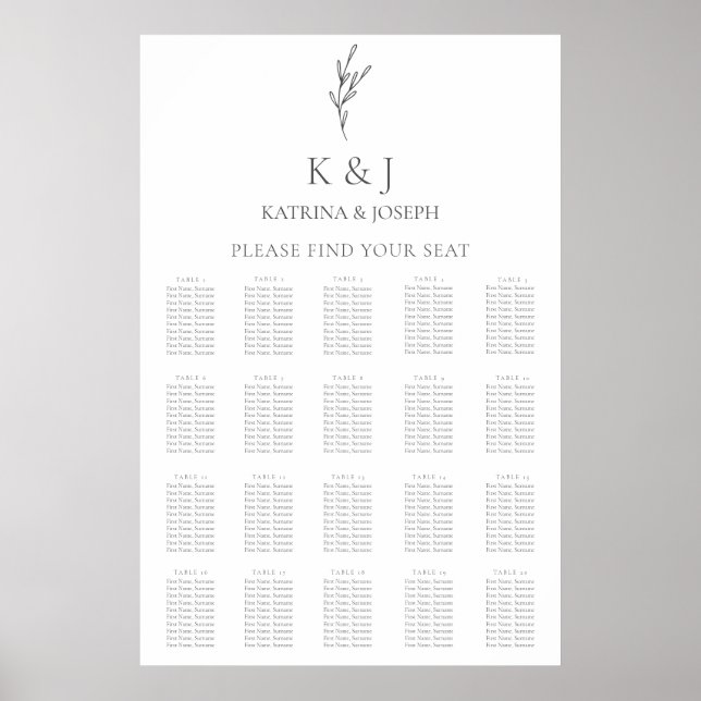 Elegante Monogram Wedding Seating Chart Minimal Poster (Vorne)