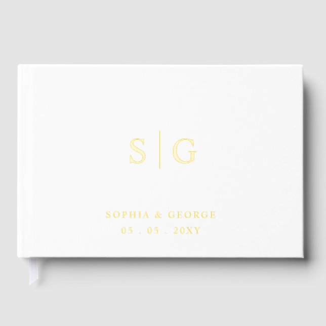 Elegante Monogram White and Gold Wedding Gästebuch (Vorderseite)