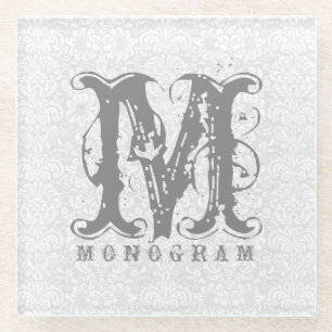 Elegante Monogram White & Gray Damasks Glasuntersetzer