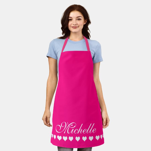 Elegante Monogram White Hearts Bright Pink Schürze (Getragen)
