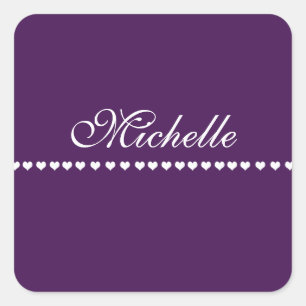 Elegante Monogram White Hearts Eggplant Lila Quadratischer Aufkleber