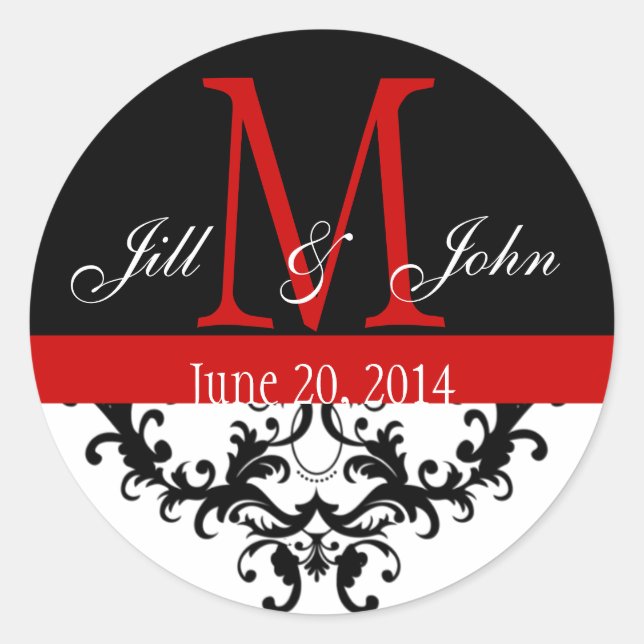 Elegante Monogram & Wirbel Red Black Wedding Runder Aufkleber (Vorderseite)