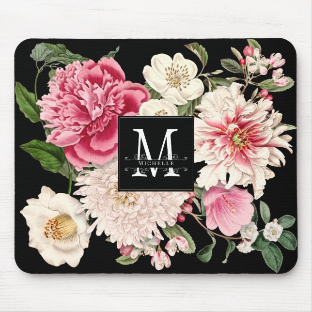 Elegante Monogram Wirbel Schwarzer Vintager Blumen Mousepad (Vorne)