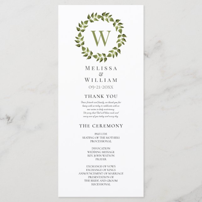 Elegante Monogram Wreath Green Leaf Wedding Programm (Vorderseite)