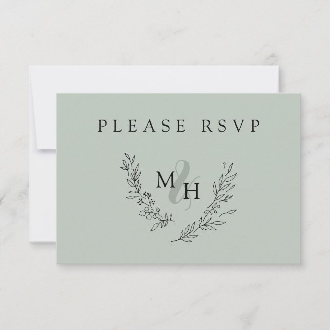 Elegante Monogram Wreath Sage Wedding RSVP Karte (Vorderseite)