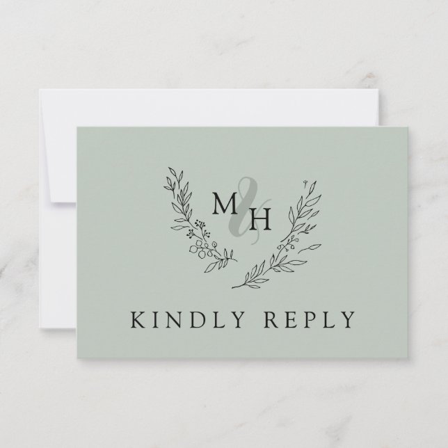 Elegante Monogram Wreath Sage Wedding RSVP Karte (Vorderseite)