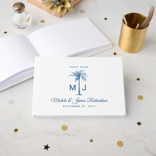 Elegante Monogramm Blaue Palme Tropische Strandhoc Gästebuch
