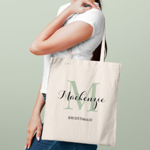 Elegante Monogramm-Brautjungfer in Salbeigrün Tragetasche