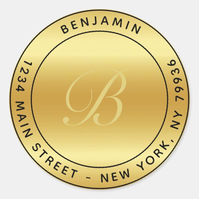 Elegante Monogramm Circular Rücksendeadresse Gold Runder Aufkleber (Vorderseite)