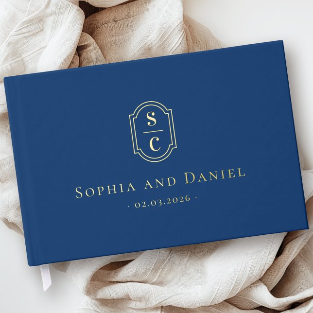Elegante monogramm dunkelblaue Hochzeitsnamensfoli Gästebuch (Elegant monogram dark blue wedding names date foil guest book)
