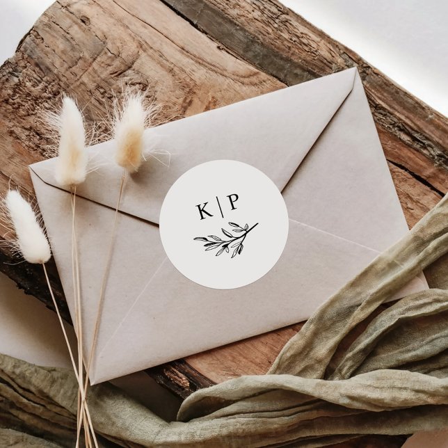 Elegante Monogramm Grün Blätter Hochzeit Runder Aufkleber (Simple Wedding Monogram Greenery Favor or Envelope Closure Stickers.)