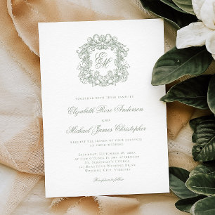 Elegante Monogramm-Hochzeit im Salbeigrün Einladung
