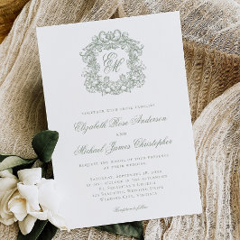 Elegante Monogramm-Hochzeit in Salbeigrün Einladung