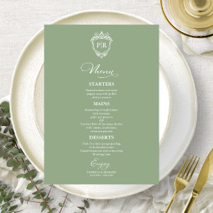 Elegante Monogramm-Hochzeits-Menükarten Sagegrün Menükarte