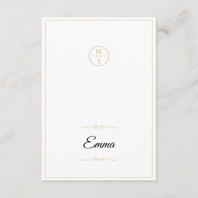 Elegante Monogramm-Hochzeitsplatzkarte Skript Gold (Vorderseite)