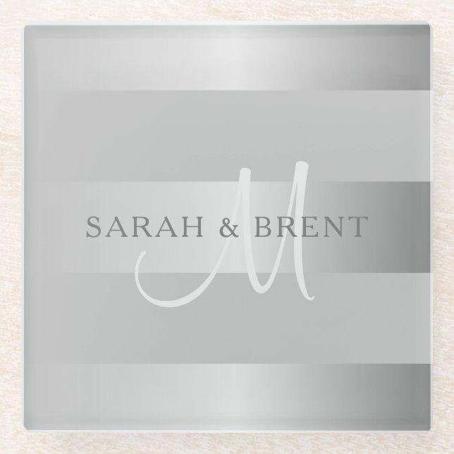 Elegante Monogramm-Imitate Silberglänzende graue S Glasuntersetzer (Vorderseite)