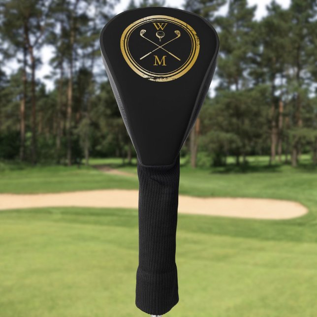 Elegante Monogramm-Initialen Gold und Schwarz Golf Headcover (Elegant Monogram Initials Gold And Black Golf Head Cover)